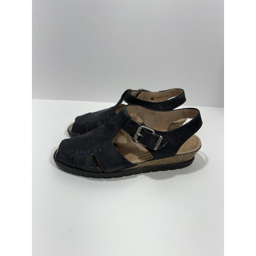 ECCO Sandals Womens Slingback Black Suede Open Toe Wedge Heels Vintage Sz 8 39